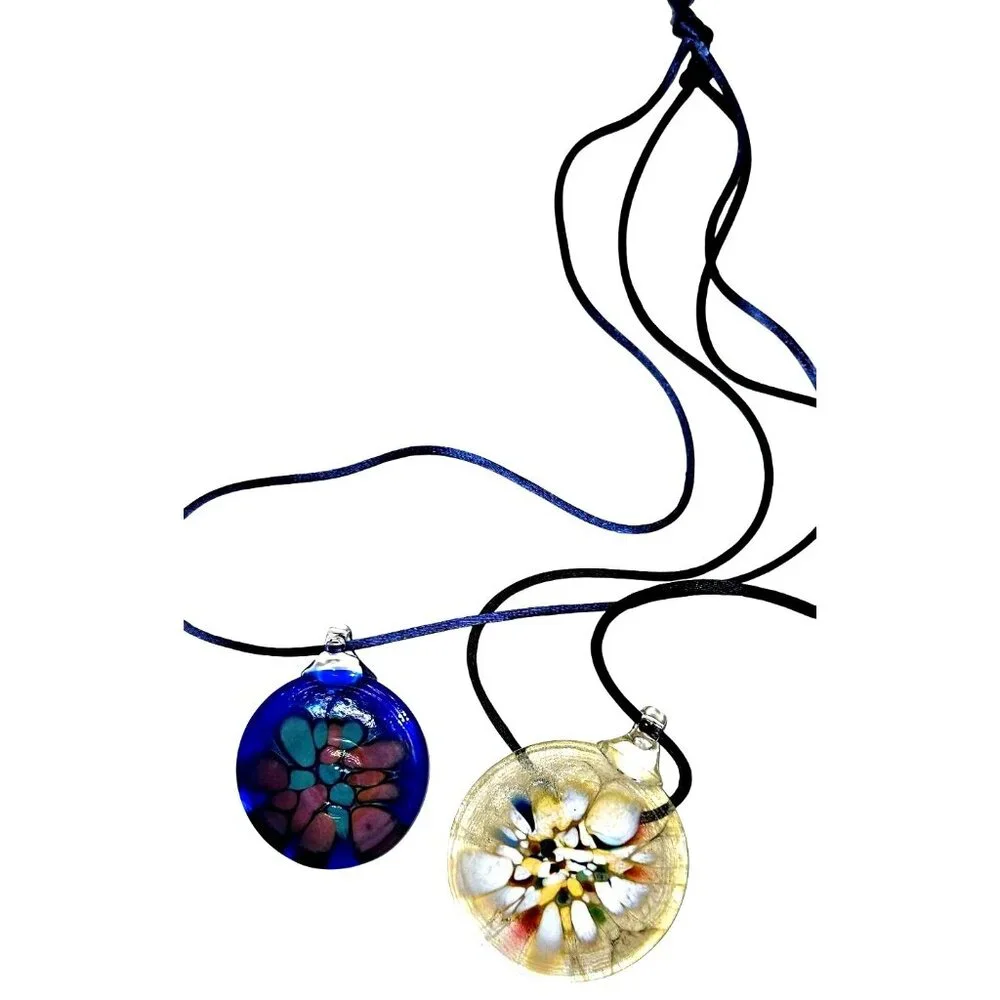 Handcrafted Glass Pendant Necklace Set With Colorful Abstract Designs‎
